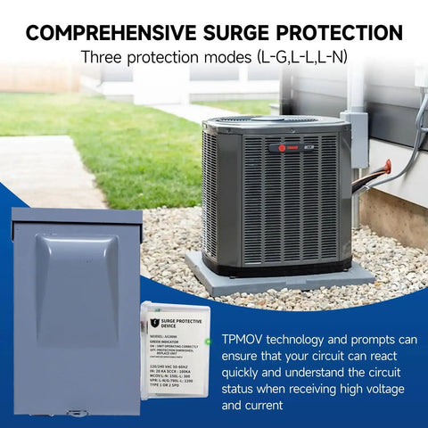 Beefed Up 120 240 VAC HVAC Surge Protector With TPMOV Tech in Watertight Enclosure next to AC unit.