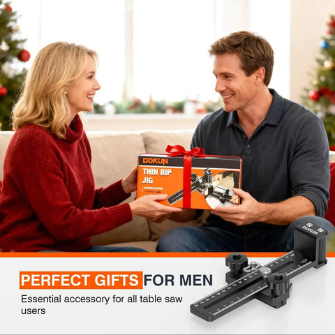 Couple exchanging a gift box labeled 'Thin Rip Jig For Table Saw With Dual Bearing Safety Rollers For Repetitive Narrow Strip Cuts Fits Three Eighths By Three Quarters Inch T Slot And One Quarter By Three Eighths Inch T Slot Works With Table Saw Band Saw And Router Table Delivers Smooth Feeds'.