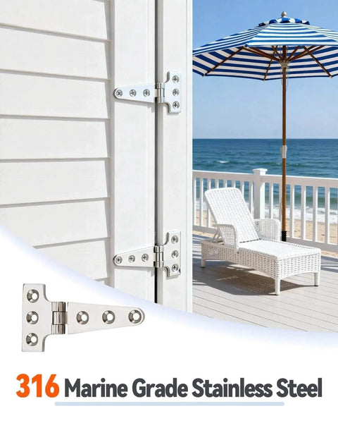 316 Stainless Steel T Hinges 8X4 Heavy Duty With Screws for outdoor use on doors, showing installation and sea view background.