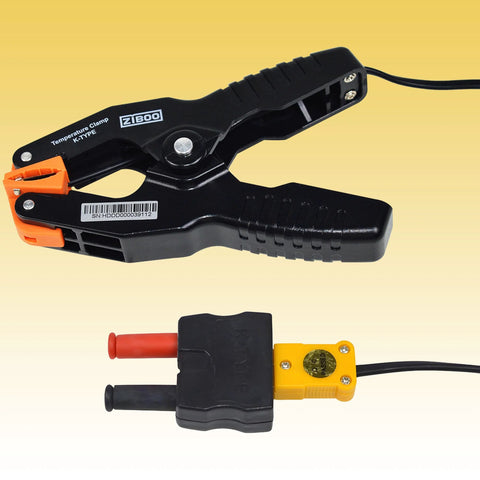 ZIBOO K-Type thermometer clamp with orange jaw for HVAC pipe temps; -40 to 392°F; black body with yellow probe and cable