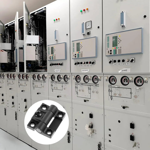 10 Piece Adjustable Torque Door Hinges Set Black Plastic for Cabinets and Doors, shown in an industrial control panel setup
