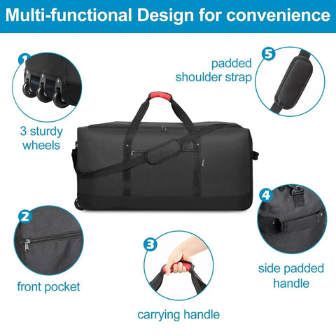 Road Trip Ready Foldable Rolling Duffel Bag With Three Wheels, 120L capacity, black; features include front pocket, padded handles, shoulder strap.