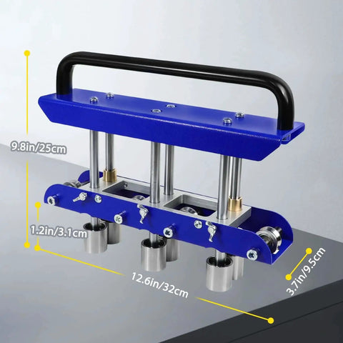 Three-Station Edge Roller For Bending Sheet Metal At 0 To 90 Degrees on a table, with measurements labeled for length, height, and width.