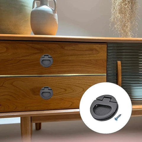Zinc Alloy Flush Ring Pull Handle 43.5mm 1.71 Inch With Screws Black Versatile Flush Pull installed on wooden cabinet drawer