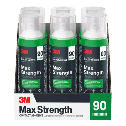 Box of 3 12.6 oz cans of Max Strength 90 Multi-Surface Contact Adhesive Spray, showing packaging and label details.