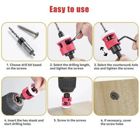 Step-by-step guide for using Pro Grade 5 Piece Countersink Drill Bit Set With Low Friction Depth Stop HSS M2 Tapered Head