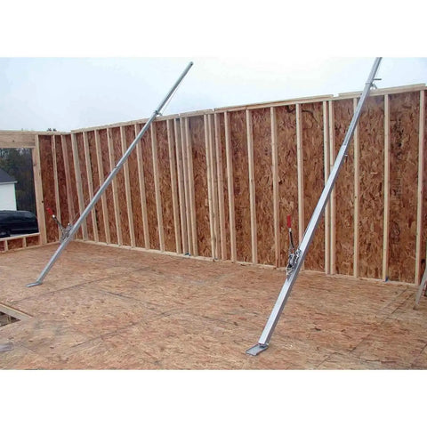 Two Pack Telescoping Wall Jacks With Square Tubing For 70ft Sheathed Wall Lifts installed on plywood floor with wooden framing.