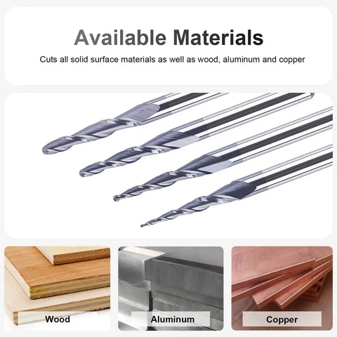Assorted 4 Piece Ball Nose End Mill Set With Radii 0.25 0.5 0.75 And 1.0 Millimeters Tapered Cone Cutters One Eighth Inch Shank TiAIN Coated Carbide Bits For CNC Engraving And Carving SpeTool cutting various materials like wood, aluminum, and copper