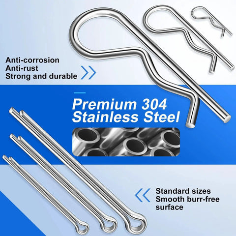 Premium 220 Piece Cotter Pin Assortment Kit Featuring 13 Sizes In 304 Stainless Steel shown with anti-corrosion features.