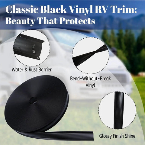 Roll of black 1-inch RV Vinyl Trim Molding Insert Exterior Weather Stripping for Camper highlighting durability and flexibility.