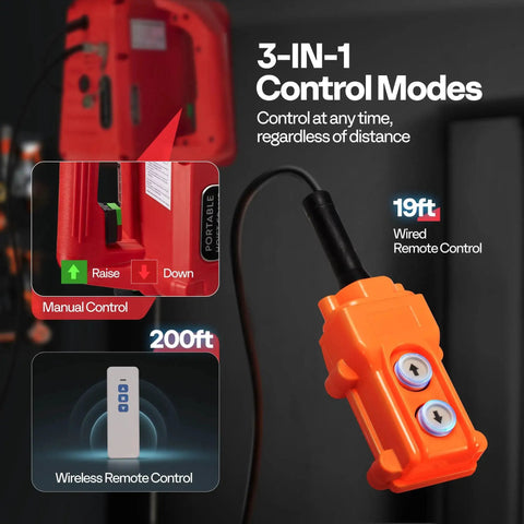 3-In-1 Electric Hoist Winch 1540Lb Lift With Wireless Remote And Wired Control showing control modes