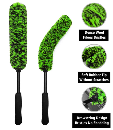 4 Piece Car Wheel Cleaning Kit With 360 Degree Bendable Wheel Brush, microfiber bristles, dense wool, black handles