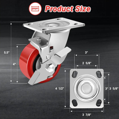 4 Inch Heavy Duty Industrial Polyurethane Casters Set Of 4 With Dual Ball Bearings Solid Polyurethane Wheels 2500 Lb Capacity Plate Swivel Casters For Carts Machines And Equipment Durability