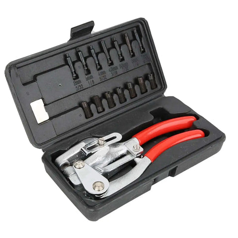 DIY Ready Handheld Punch Kit With Adjustable Depth From 6 To 41mm in carrying case, includes seven nozzles for sheet metal, iron, plastic use.