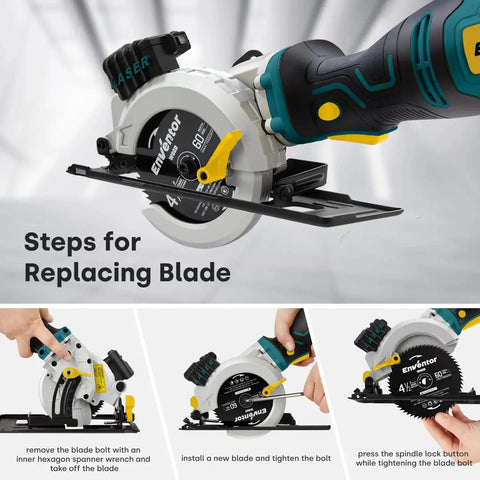 Powerful Mini Circular Saw With 5.8 Amp Motor Delivers 3500 RPM For Wood Metal Tile PVC And Aluminum Four And A Half Inch Blade Comes With Six Blades Laser Guide DIY Friendly Adjustable Cutting Depth For 90 Degree And 45 Degree Cuts Enventor displayed with blade replacement steps.