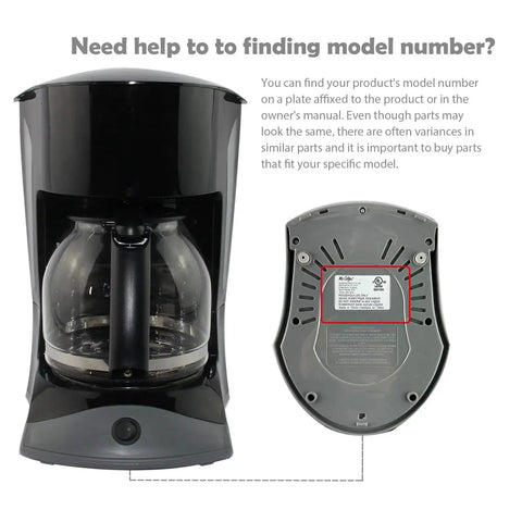 12-cup Mr. Coffee replacement carafe with black handle; front view of coffee maker and bottom-label view of replacement part