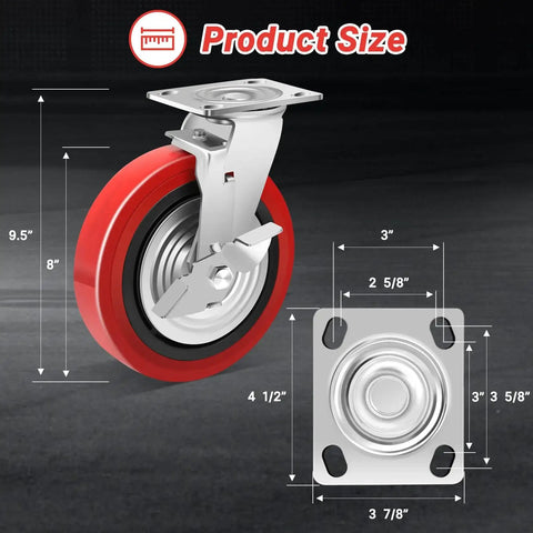 8 Inch Heavy Duty Industrial Caster Wheels Set Of 4 With Dual Ball Bearings Solid Polyurethane Wheels 6000 LB Capacity Plate Swivel Casters For Cart Machine Industrial Applications, side view with measurements