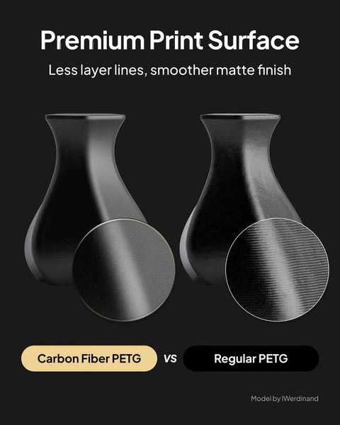 Comparison of premium print surfaces between Carbon Fiber PETG and Regular PETG showing smoother matte finish