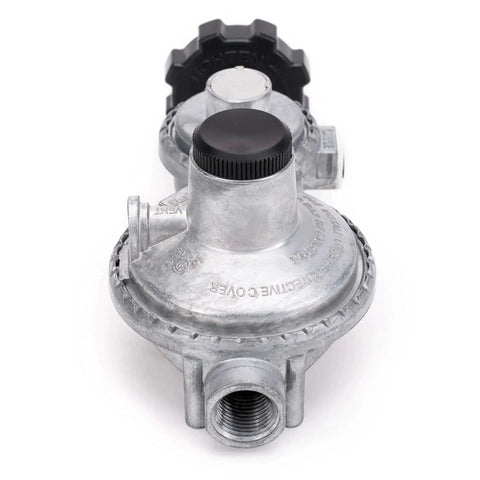 Front view of Horizontal Two Stage Propane Regulator With POL Connection for RVs, 160000 BTU HR Output, solid brass construction.