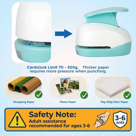 Close-up of three size circle hole punch set for scrapbooking showing lever design and safety note for adult assistance ages 3-6.