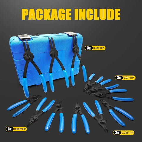 12-Piece Snap Ring Pliers Set For Internal And External Retaining Rings, Pro-Grade Heavy-Duty Convertible Pliers With Four Tip Sizes (0.038, 0.047, 0.070, 0.090 In), One-Button Quick Swap For Auto Repair, Machinery, And DIY Projects displayed with blue case and assorted pliers.