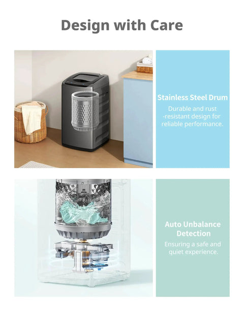 Compact Portable Washer 0.9 Cu Ft With LED Display And 5 Wash Cycles showing stainless steel drum and internal mechanics.