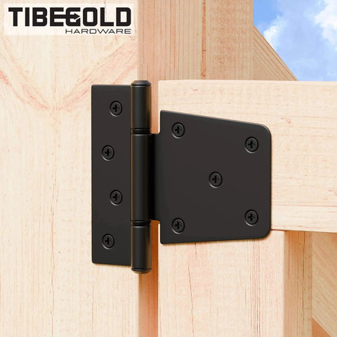 Heavy Duty Gate Hinges Black Iron T Strap Hinges for Barn Doors and Fences 2 Pack with Extra Long Screws installed on wooden gate