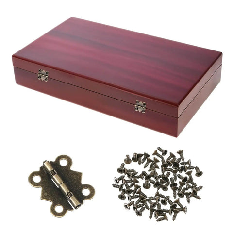 12 Pcs Small Butterfly Hinges Antique Bronze Mini Metal Hinges 20 x 17mm For DIY Wooden Jewelry Boxes Cabinets Crafts With 48 Tiny Screws Durable Iron Construction shown with screws and a wooden box.