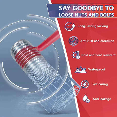 Illustration showing red thread locker on bolt with features: long-lasting locking, anti-rust, cold/heat resistant, waterproof, fast curing.