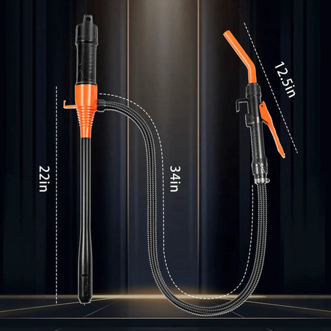 Cordless Fuel Transfer Pump 3.2 GPM Portable Battery Powered For Vehicles Boats, side view with hose measurement details