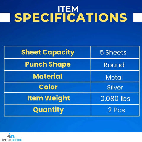 Specifications table for Two Pack Handy Single Hole Puncher For Paper One Quarter Inch Hole Size Durable Metal Construction Handheld Punch Tool