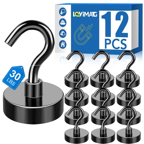 12-pack set of 30 lb magnet hooks with steel design, shown with packaging, for organizing and securing items in home or office.