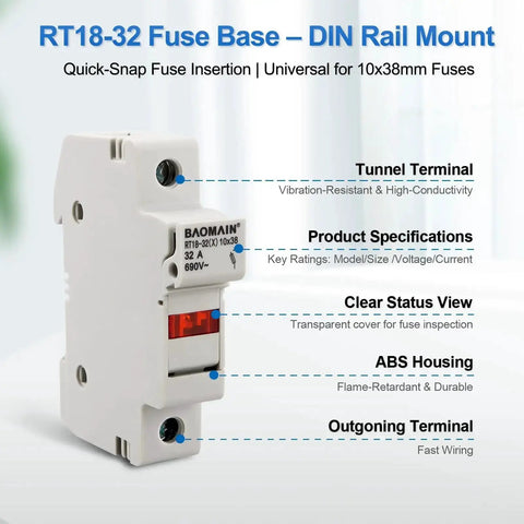 Image showing 5 Pack RT18 32 X 1P DIN Rail Fuse Holder 32A 690V AC with LED indicator, focusing on terminal details and housing material.