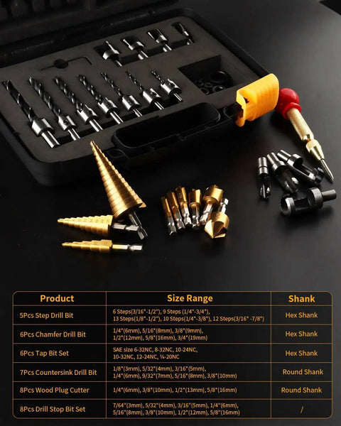 34 Piece Woodworking Drill Bit Set With Countersink Bits Counter Sink Bits Plug Cutters Three Step Drill Bits And Drill Stop Collars in durable case