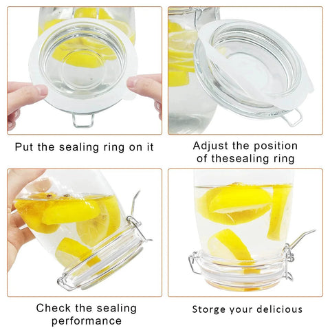 12 Piece Rubber Gasket Set For Glass Jars, Airtight Silicone Replacement Rings installed on glass jars with lemons inside