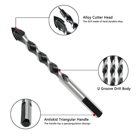 Industrial Grade Masonry Drill Bit Set For Brick Tile Cement Concrete, close-up of U Groove body and carbide tip.