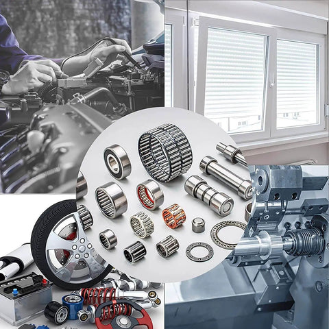 A collage of mechanical components including bearings, gears, and shafts with a focus on machinery applications.