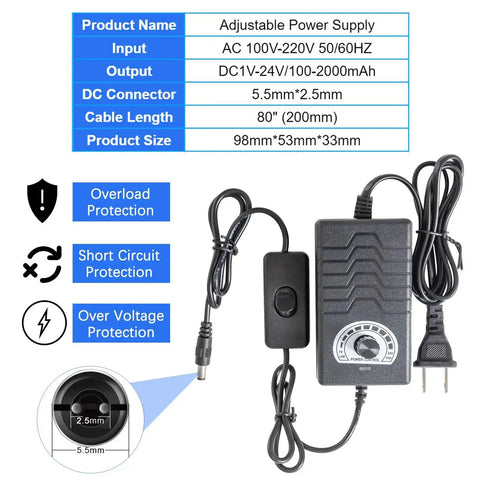 Adjustable power supply kit featuring AC input and DC output with overload, short circuit, and over voltage protection details.