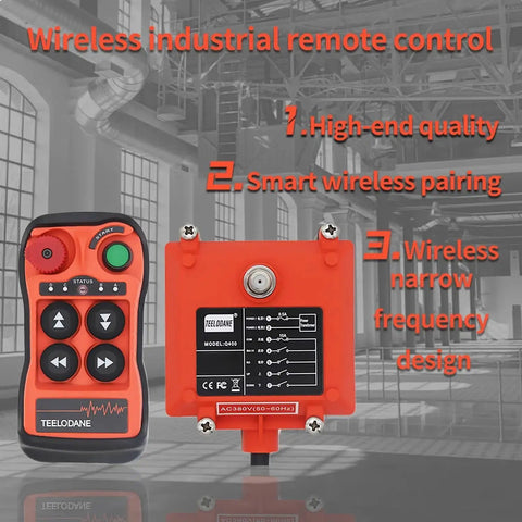 Front view of Q400 industrial wireless crane remote kit: orange 4-button transmitter with emergency stop and matching orange receiver.