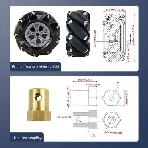 Set Of Four 97mm Mecanum Wheels For AGV Smart Robot With 6mm Hexagonal Metal Couplings shown with black wheels and diagrams.