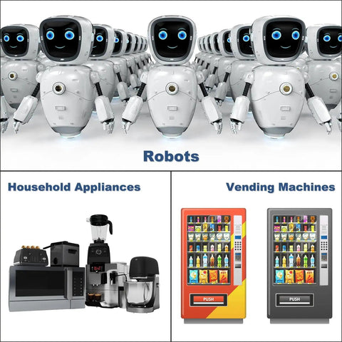 Robots and household appliances including vending machines, coffee makers, and ovens displayed together.