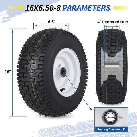 Diagram of 16x6.50-8 Tubeless Lawn Mower Tire And Wheel Set With 1 Inch Bearing And 4 Inch Centered Hub, showing dimensions.