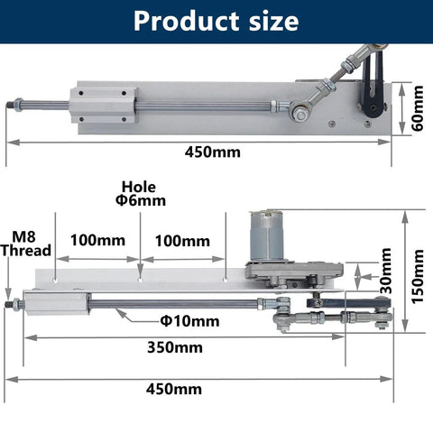 Diagram of Beefed Up Torque JQDML Upgraded Version Reciprocating Linear Actuator dimensions and mechanism details.