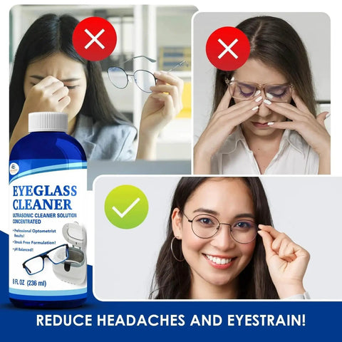 Concentrated Ultrasonic Eyeglasses Cleaner Solution For Sonic Machines bottle with eyeglass cleaning comparison images.