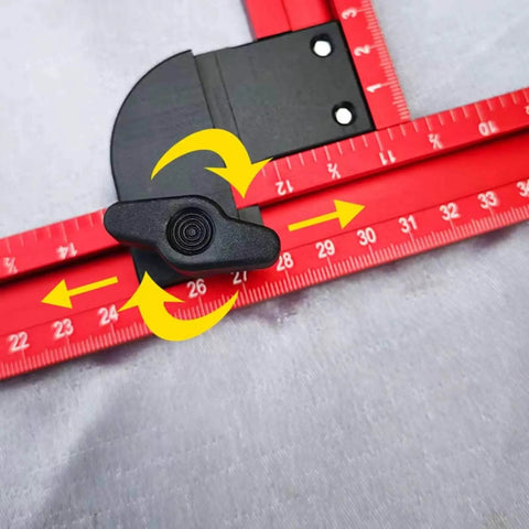 Adjustable Router Jig For Cutting Boards And Grooves, Square Template Guide With A 23.6 By 23.6 Inch Frame, Precise, Easy To Use Woodworking Jig For Perfect Grooves In Red, showing close-up of ruler markings in red.