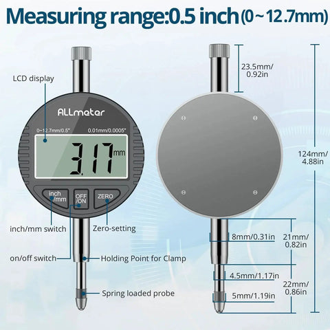 Ultimate Dial Bore Gauge Set For Engine Cylinders By ALLmeter with LCD display, measuring range 0.5-12.7mm, side view
