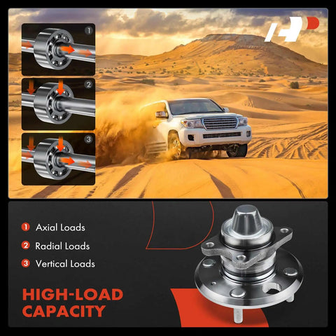 Beefy Rear Wheel Bearing And Hub Assembly 4 Lug Not For ABS Models with high-load capacity diagram and vehicle in desert