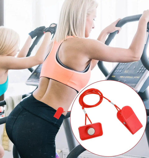 Two Pack Treadmill Safety Key Replacement Magnetic Emergency Stop Key Universal Fit attached to clothing during treadmill workout.