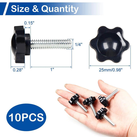 10 Pcs 1/4-20 Threaded Knurled Thumb Nuts With Black Plastic Star Knobs Easy Grip Clamping Screws, size and quantity shown