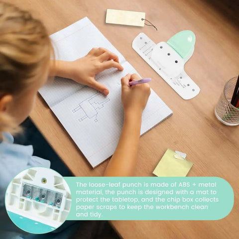 Child using 3 Hole Paper Puncher With Ergonomic Handle Grab And Go Portable Desktop Binder Punch For A8 A7 A6 A5 Notebooks on desk
